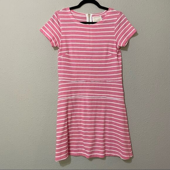 Sail To Sable Pink White Striped Short Sleeve Fit Flare Mini Dress Womens XS STS - Picture 1 of 8
